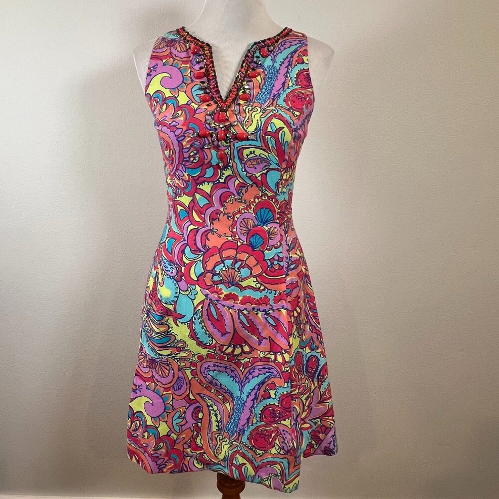 Lilly Pulitzer Lloyd Feeling Groovy Print Retro Bright Boho Dress Size 2